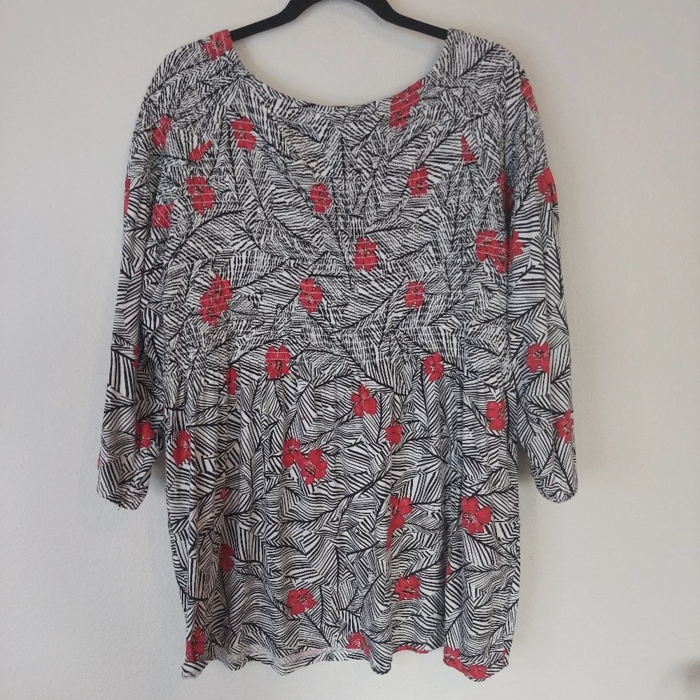 J.Jill Smocked Black White Red Floral Peasant‎ Top Size Large Tall